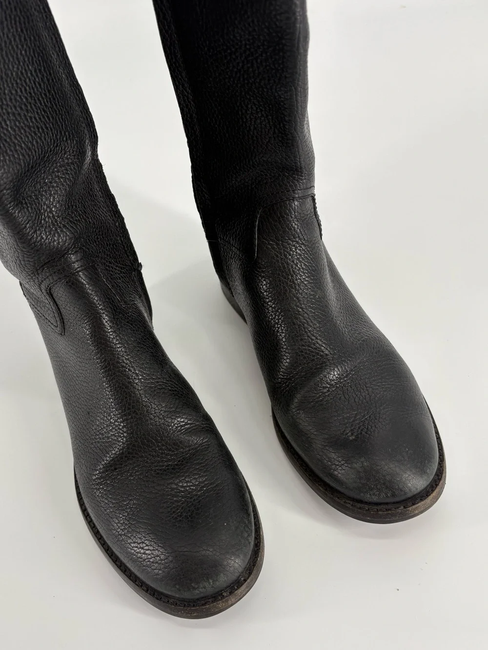 Tory Burch Black Pebbled Leather Knee Boots with Logo Emblem